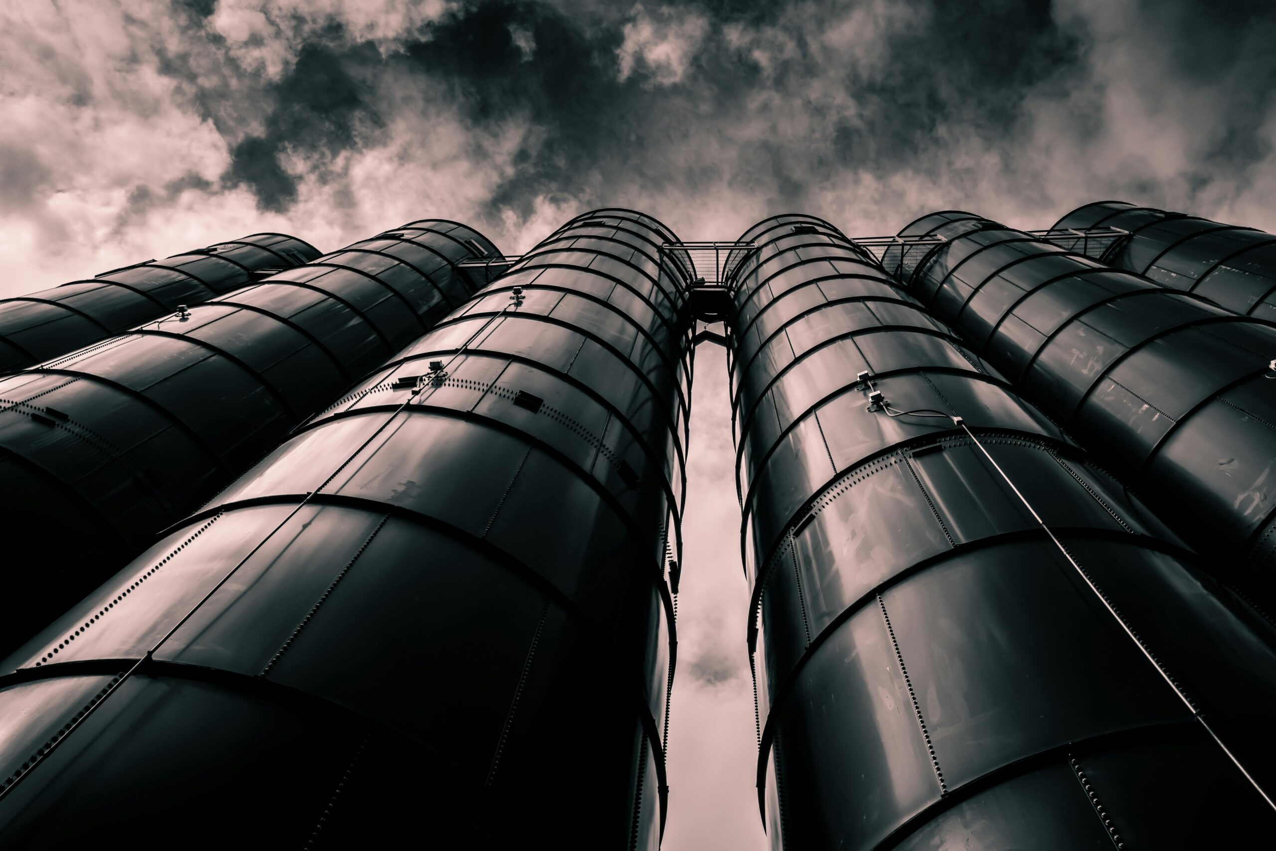Black and white photo of tall industrial silos against a cloudy sky, emphasizing their height and structure in an agricultural or manufacturing context.