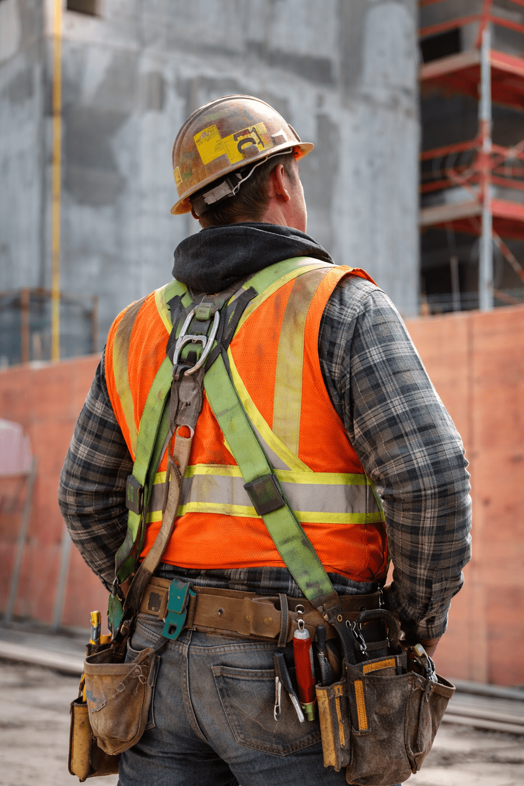 Construction worker viewed from behind wearing a hard hat, orange safety vest, and tool belt, standing at a building site with a focused stance.
