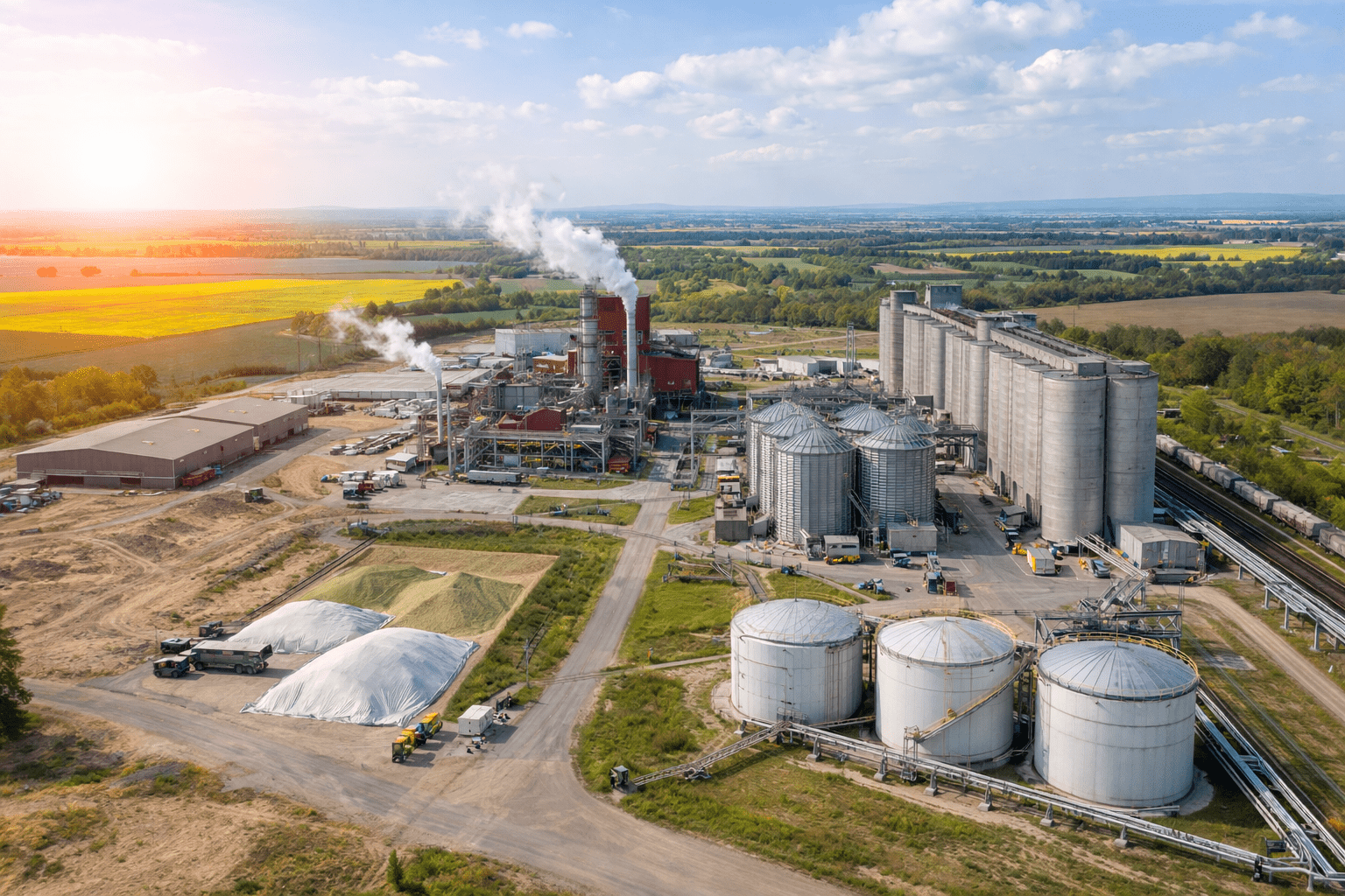 Aerial view of an industrial complex with smoking chimneys, surrounded by large cylindrical silos and tanks. Sunny fields and trees in the background.